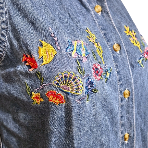 VTG Grannycore Denim Button-Up Vest Wmns M Embroidered Tropical Fish & Seashells - Picture 5 of 12